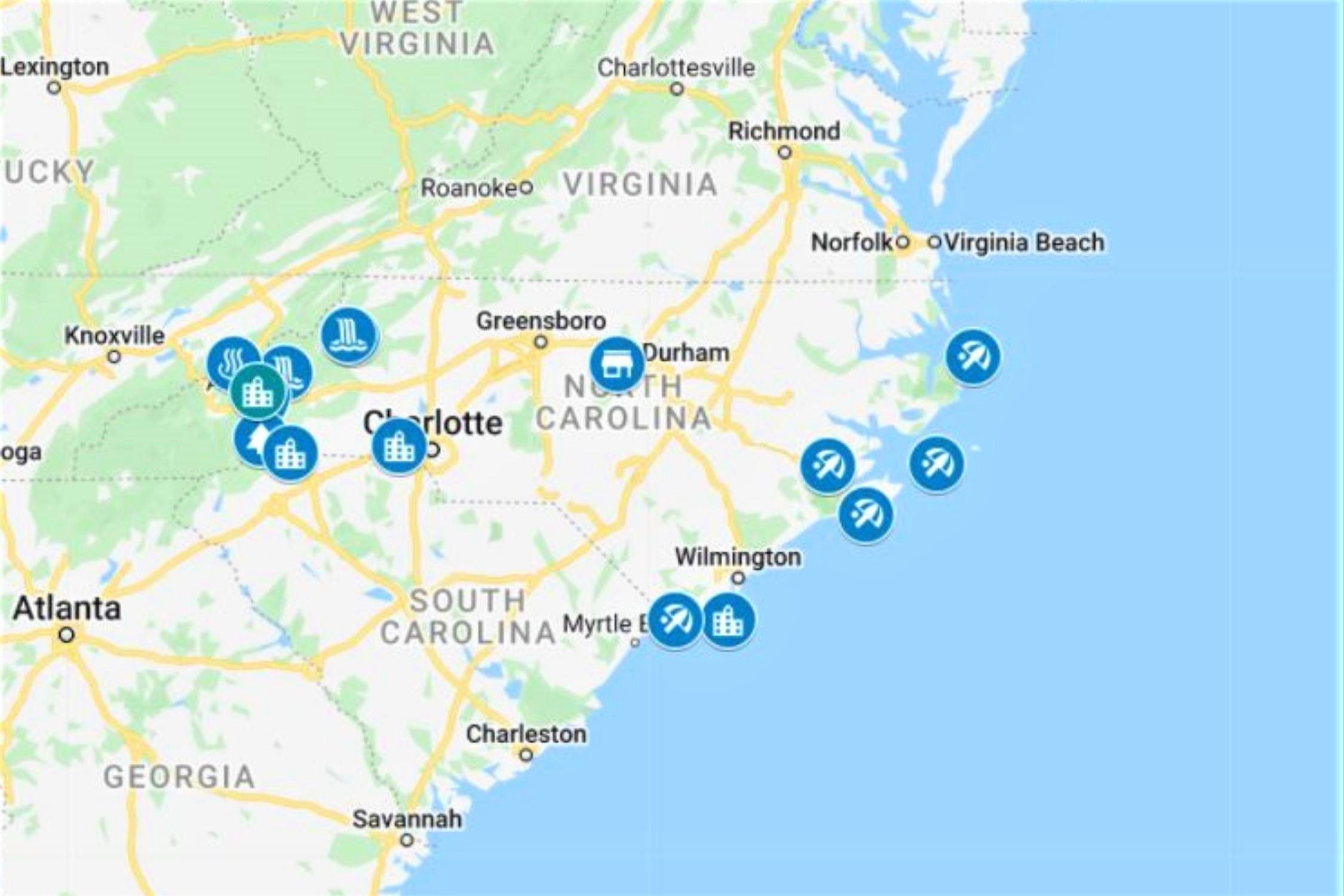 Romantic Getaways in North Carolina Map