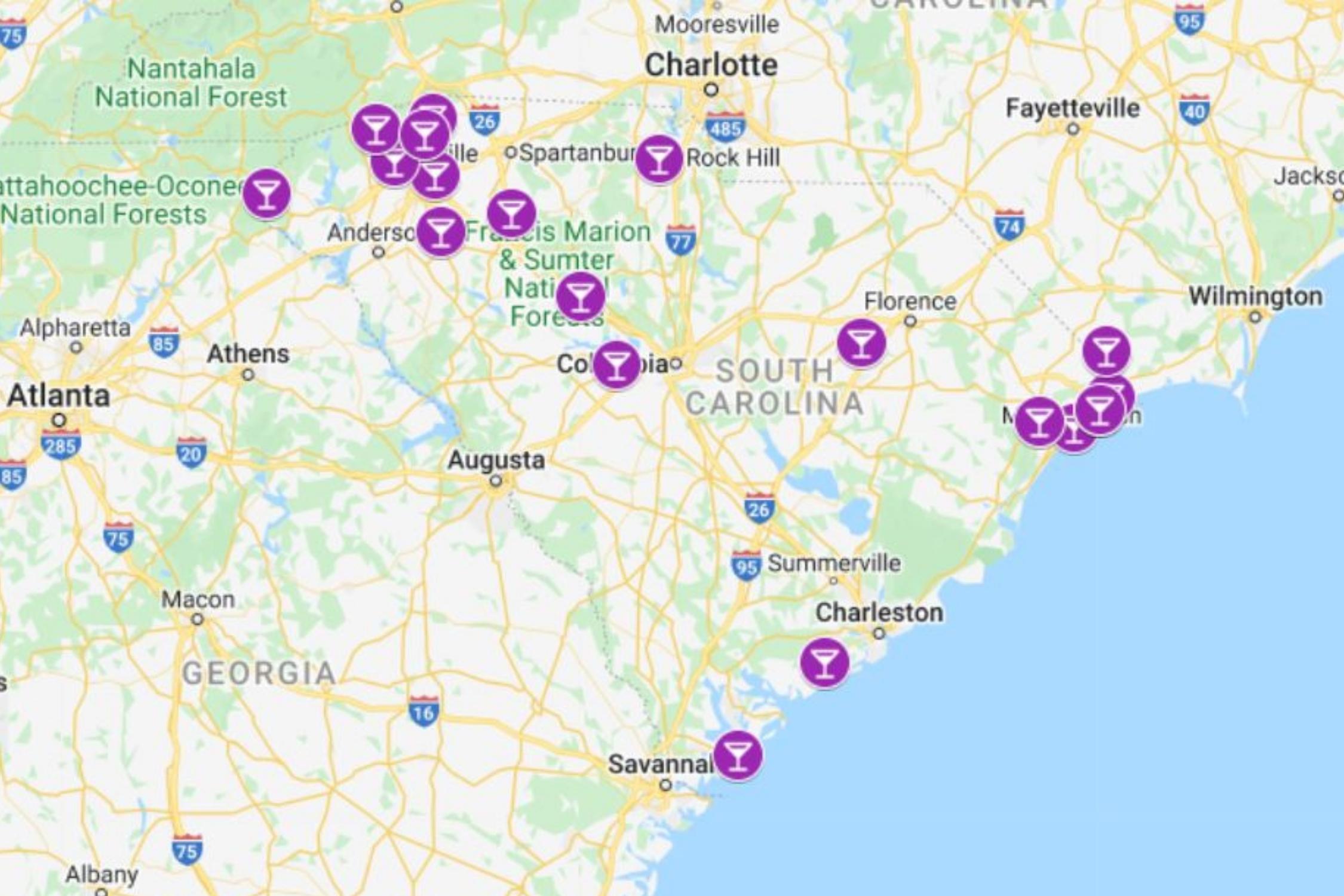 Best South Carolina Wineries and Vineyards Map