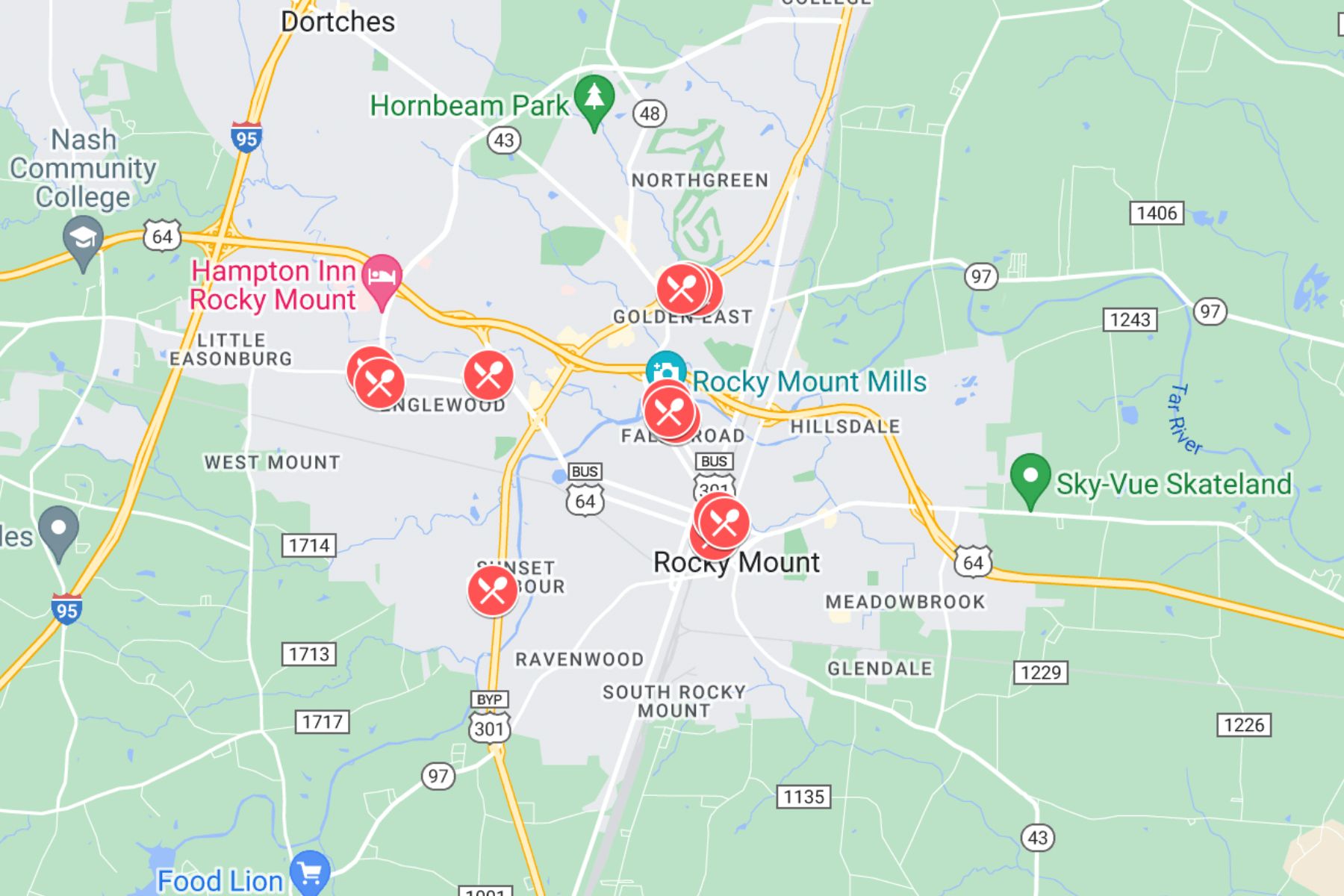 Best Restaurants in Rocky Mount Map